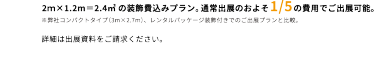 2ｍ×1.2m＝2.4㎡ の装飾費込みプラン。通常出展のおよそ1/5の費用でご出展可能。 ※弊社コンパクトタイプ（3m×2.7m）、レンタルパッケージ装飾付きでのご出展プランと比較。  詳細は出展資料をご請求ください。